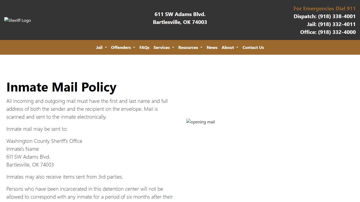 Inmate Mail Policy Washington County Sheriff's Office Oklahoma