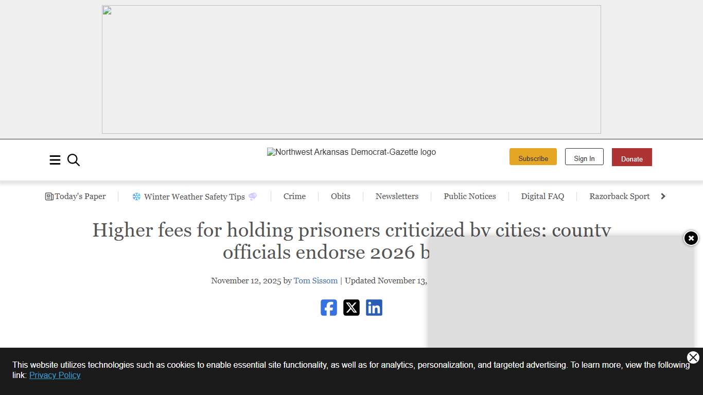 Higher fees for holding prisoners criticized by cities; county officials endorse 2026 budget Northwest Arkansas Democrat-Gazette